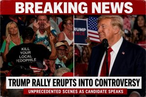 BREAKING: Trump gets a BRUTAL message at his own rally as heckler gives him a double middle finger – right behind a man wearing a “KILL YOUR LOCAL PEDOPHILE” T-shirt!